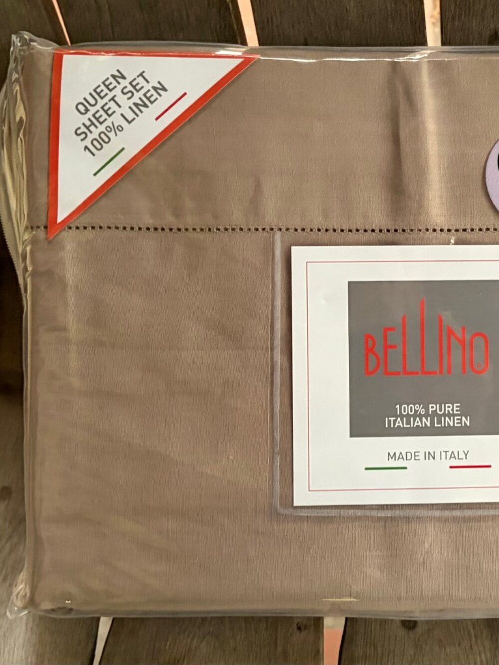 Bellino Pure Italian Linen QUEEN Size Hemstitch Sheet Set TAUPE Made in Italy